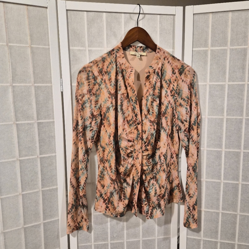 Les Serein Ruched Floral Long Sleeve Blouse Top Sz M